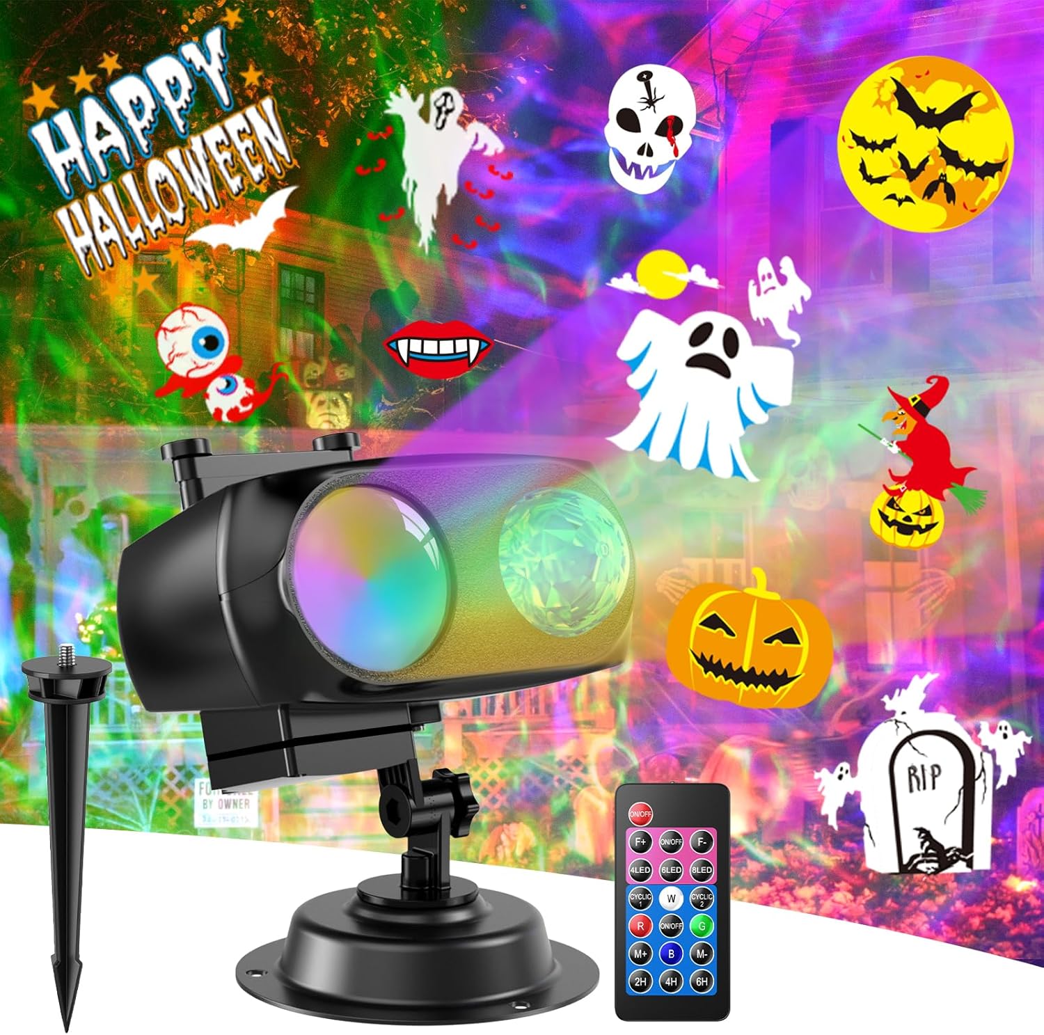 8-Pattern Halloween Projector Lights Outdoor 2-in-1, Holiday Projector Lights Outdoor 26 Effects (Projection Card +3D Ocean Wave) with Timer, Halloween Christmas Decorations Lighting for Party Decor